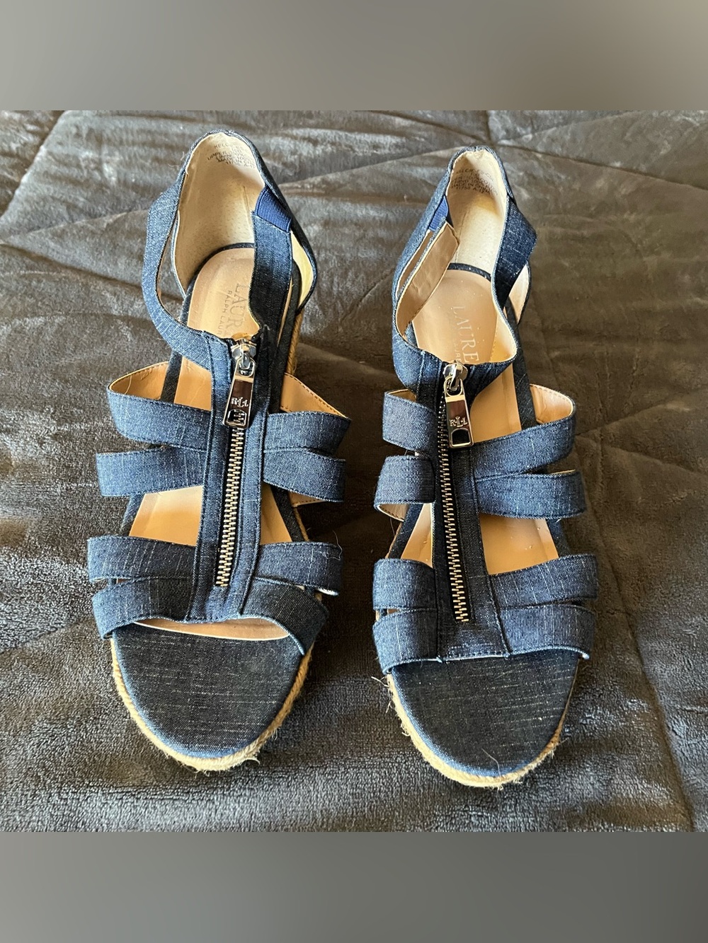 Ralph Lauren Denim Strappy Wedge Sandals with Front Zipper